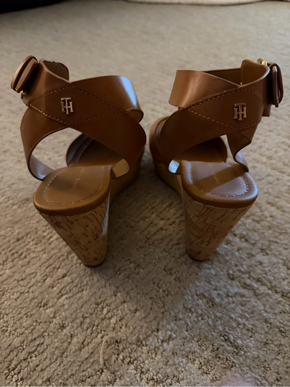 Tommy Hilfiger Cognac Leather Cork Wedge Sandals